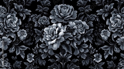 Monochrome floral motifs with a high contrast, set against a dark background, creating a dramatic effect, Gothic, High detail.