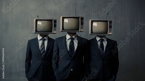 Three men with tv heads in suits symbolize brainwashing and media influence