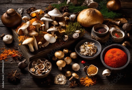 fresh mushrooms displayed amongst colorful assortment spices seasonings featuring rich textures varied shapes, vibrant, herb, aroma, cooking, ingredient