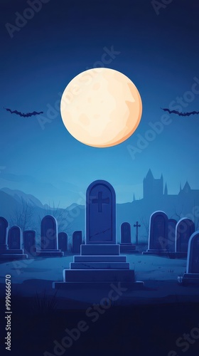 Full moon glowing over eerie Halloween graveyard, October night, flat design illustration