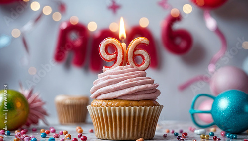 Birthday cupcake with burning lit candle with number 96. Number ninety-six for ninety-six years or ninety-sixth anniversary. photo