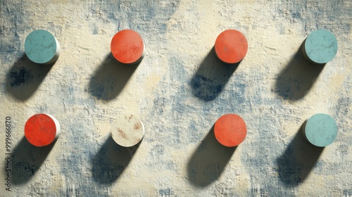 Polka dots with a shadow effect, giving them a 3D appearance, set on a textured background, Modern, Digital art.