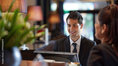 Professional Hotel Receptionist Assisting Guest at Front Desk in Modern Lobby