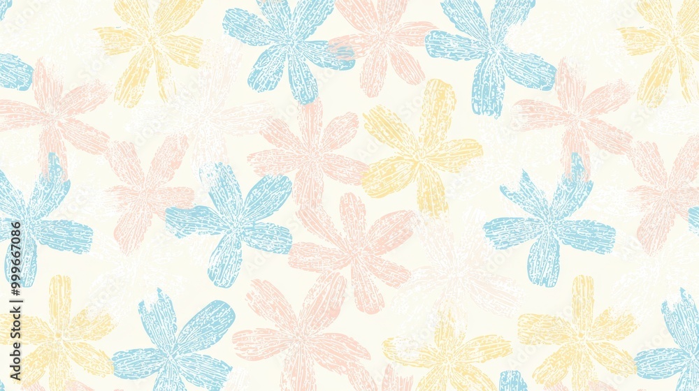 Pastel Floral Pattern with Hand-Drawn Texture in Soft Blue, Yellow, and Pink Pastel Floral Pattern with Hand-Drawn Texture in Soft Blue, Yellow, and Pink