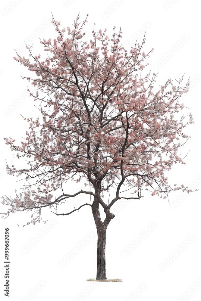A tree with pink flowers blooming against a white background, perfect for using in designs related to nature, beauty, or spring themes A tree with pink flowers blooming against a white background, perfect for using in designs related to nature, beauty, or spring themes