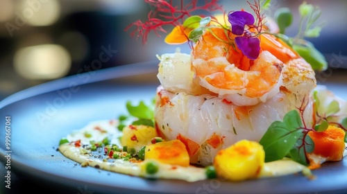 Close up of a gourmet dish, beautifully plated with vibrant colors, focus on fresh ingredients and presentation.