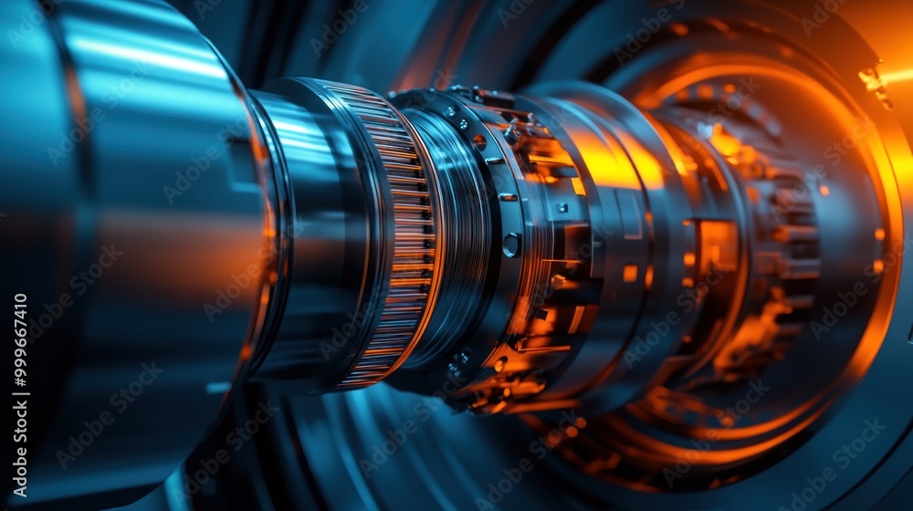 A close-up view of a futuristic mechanical component with glowing elements. A close-up view of a futuristic mechanical component with glowing elements.