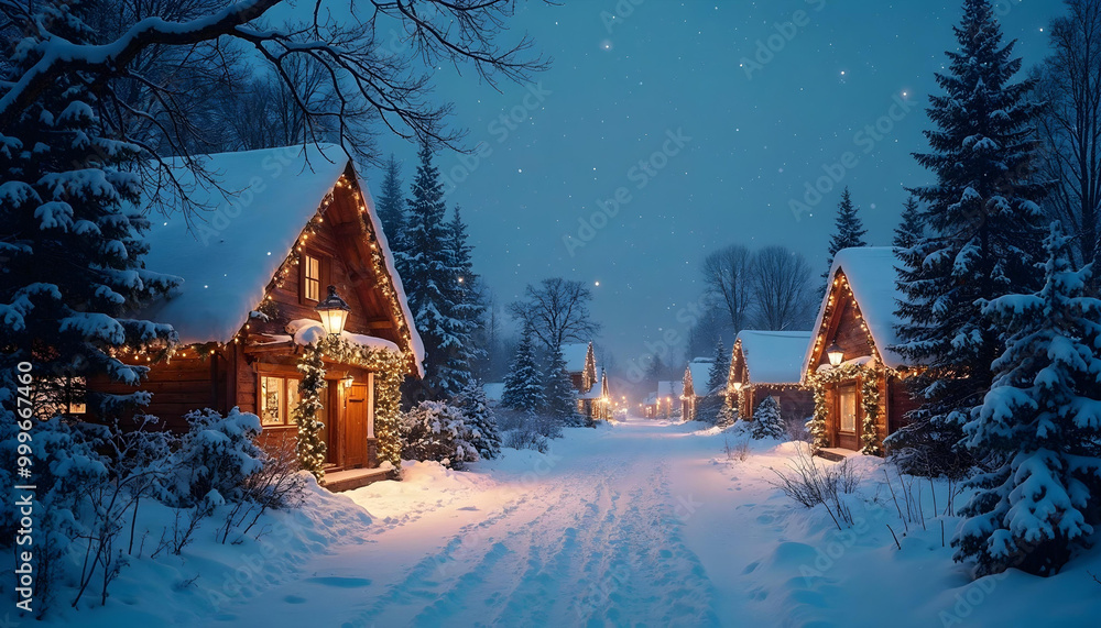 Snowy Winter village with twinkling christmas light Snowy Winter village with twinkling christmas light