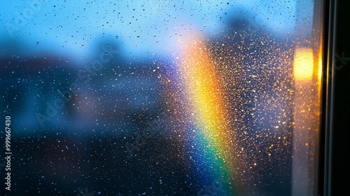 Colorful Rainbow Reflection on Rainy Window with City Skyline in Background