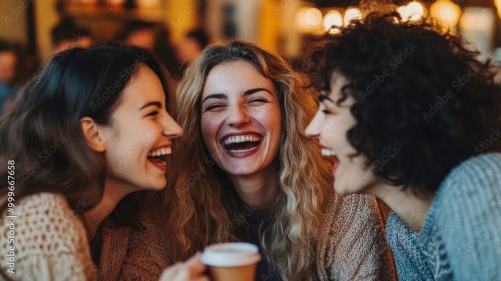 Friends laughing together at a cafe, candid moment, focus on friendship and happiness. Friends laughing together at a cafe, candid moment, focus on friendship and happiness.