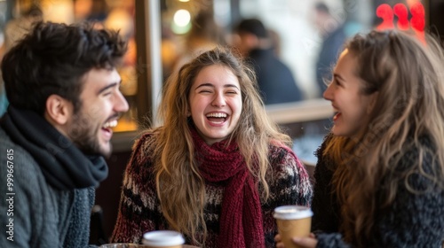 Friends laughing together at a cafe, candid moment, focus on friendship and happiness.