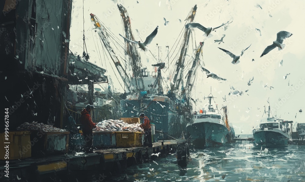 Fototapeta premium Fishing boats, seagulls, and men unloading fish.
