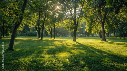 A serene park scene with sunlight shining through tree branches, perfect for use in lifestyle or nature-related projects