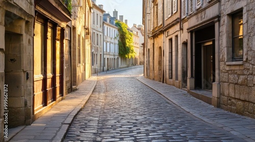 An empty cobblestone street in an old European city at dawn, with warm light filtering through ancient buildings.