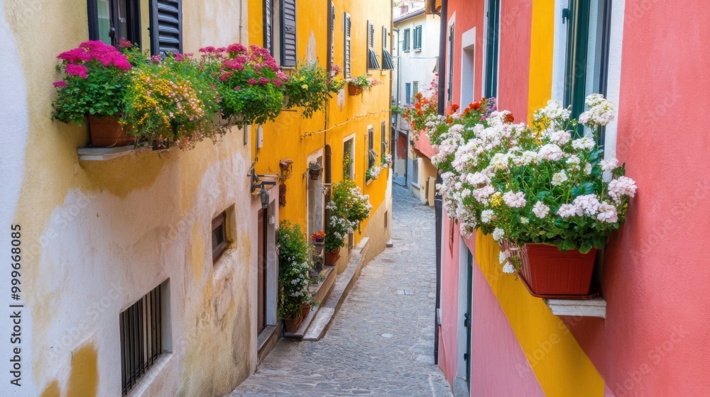 Fototapeta premium A cozy, narrow alley in a village, with colorful houses, flower boxes, and winding pathways.