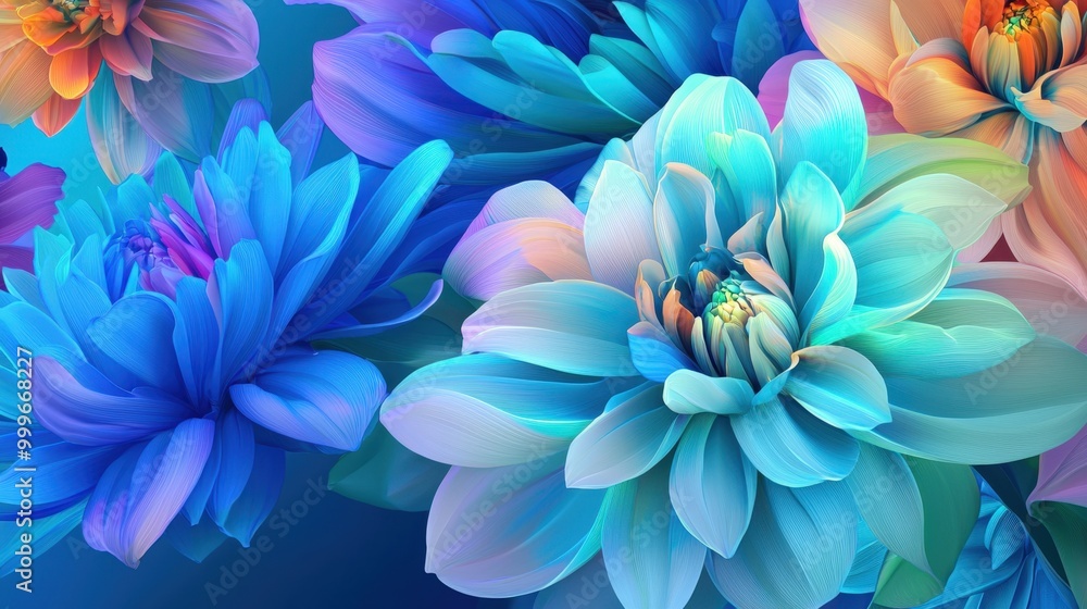 Obraz premium A vibrant arrangement of blue and colorful flowers against a deep blue background