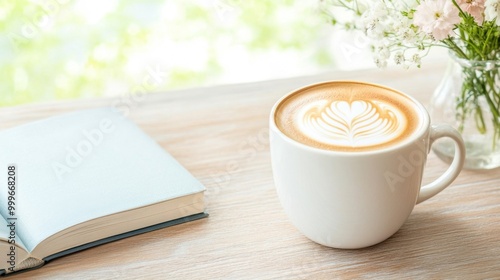 A steaming cup of coffee with latte art, sitting on a wooden table next to a book and a vase of flowers.