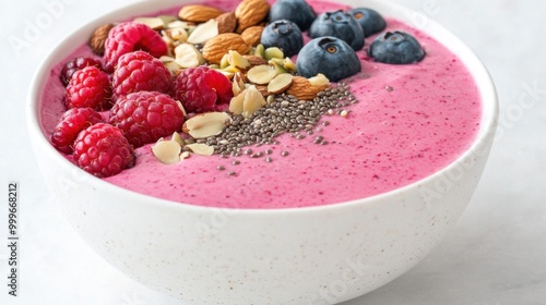 A vibrant smoothie bowl topped with fresh berries, nuts, and seeds, presented in a clean, minimalist style.