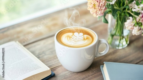 A steaming cup of coffee with latte art, sitting on a wooden table next to a book and a vase of flowers.
