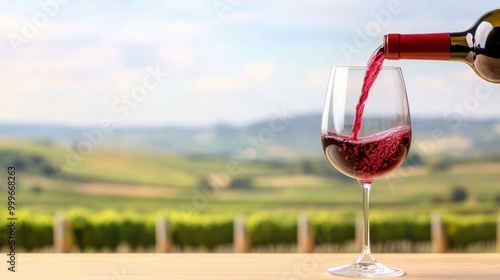 A glass of red wine being poured into a wine glass, with a rustic vineyard in the background.