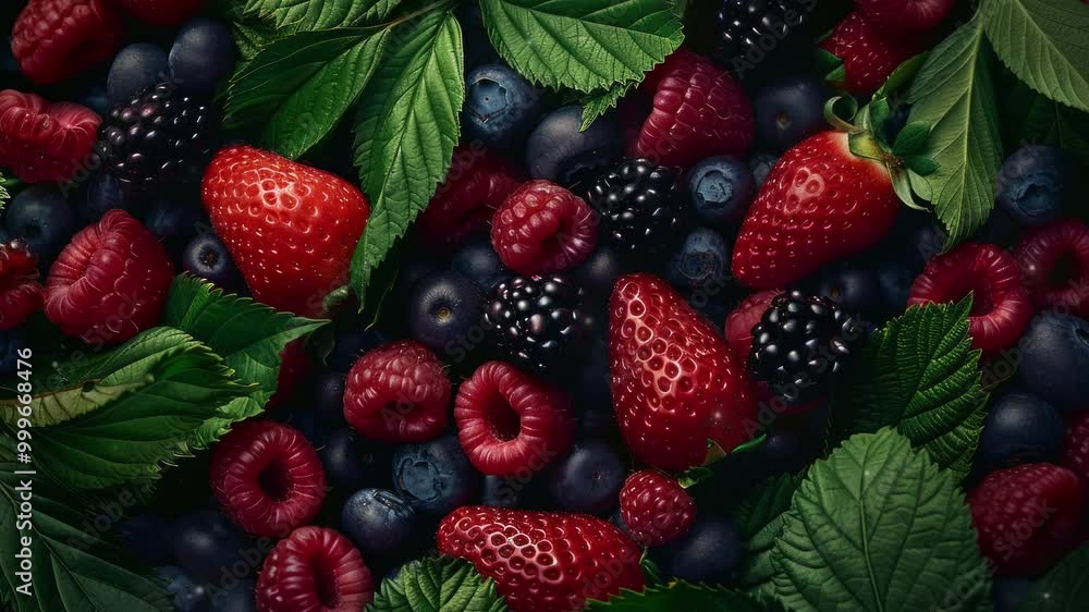 Close up of fresh berry fruit background with leaves, top view. Photorealistic high resolution macro photography for advertising or food design Close up of fresh berry fruit background with leaves, top view. Photorealistic high resolution macro photography for advertising or food design