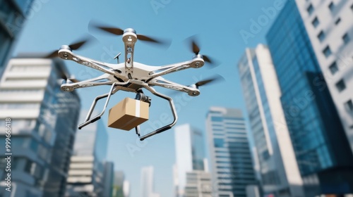 A futuristic drone delivering a package in a modern city, flying over skyscrapers and busy streets.