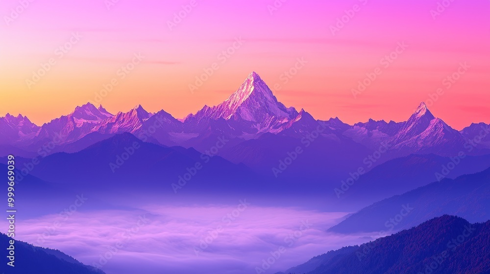 Majestic Mountain Peaks at Sunrise with Colorful Sky and Misty Valley Majestic Mountain Peaks at Sunrise with Colorful Sky and Misty Valley