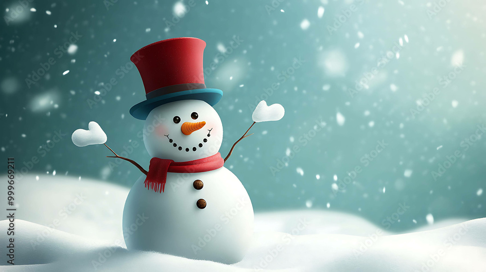 A cheerful snowman stands in the snow, wearing a red hat and scarf. A cheerful snowman stands in the snow, wearing a red hat and scarf.