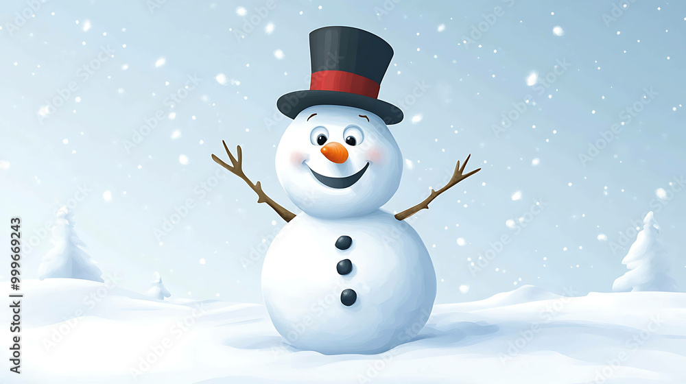 A cheerful snowman with a top hat smiles in a snowy winter scene. A cheerful snowman with a top hat smiles in a snowy winter scene.