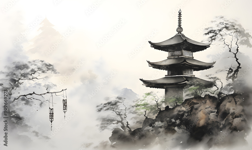 Traditional motif Japanese Buddhist scene of a monastery located high in a mountain landscape. Japan traditional sumi-e painting. Ink painting style. Traditional motif Japanese Buddhist scene of a monastery located high in a mountain landscape. Japan traditional sumi-e painting. Ink painting style.