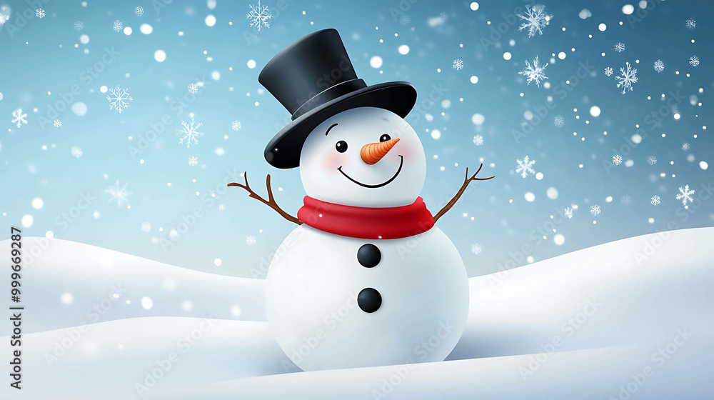 Happy snowman with black top hat and red scarf standing in snowy field with snow falling. Happy snowman with black top hat and red scarf standing in snowy field with snow falling.