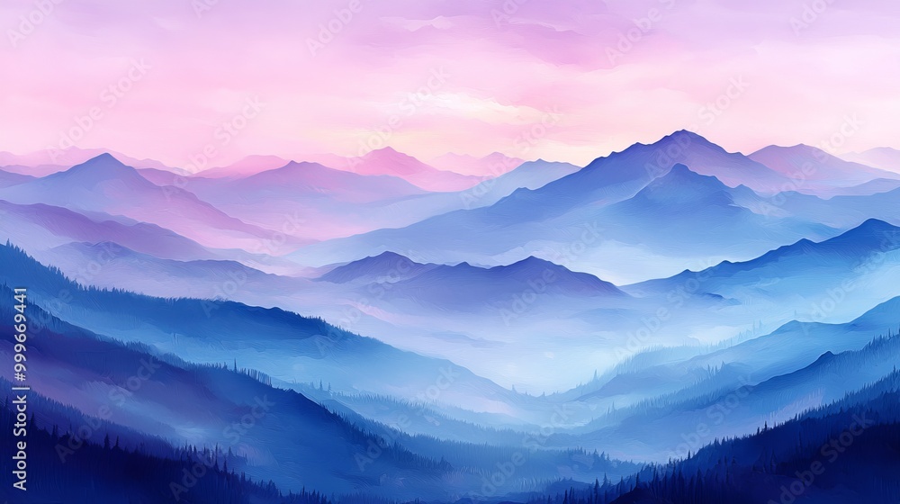Obraz premium Serene Mountain Ranges at Sunrise with Pastel Sky and Misty Hills