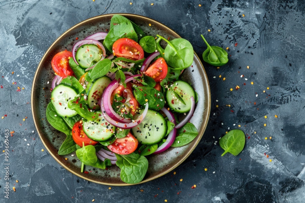 A plate of fresh vegetables including cucumbers, tomatoes, and onions A plate of fresh vegetables including cucumbers, tomatoes, and onions