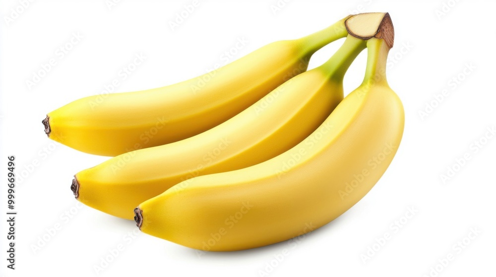A bunch of ripe bananas, slightly curved and bright yellow, isolated on a white background. A bunch of ripe bananas, slightly curved and bright yellow, isolated on a white background.
