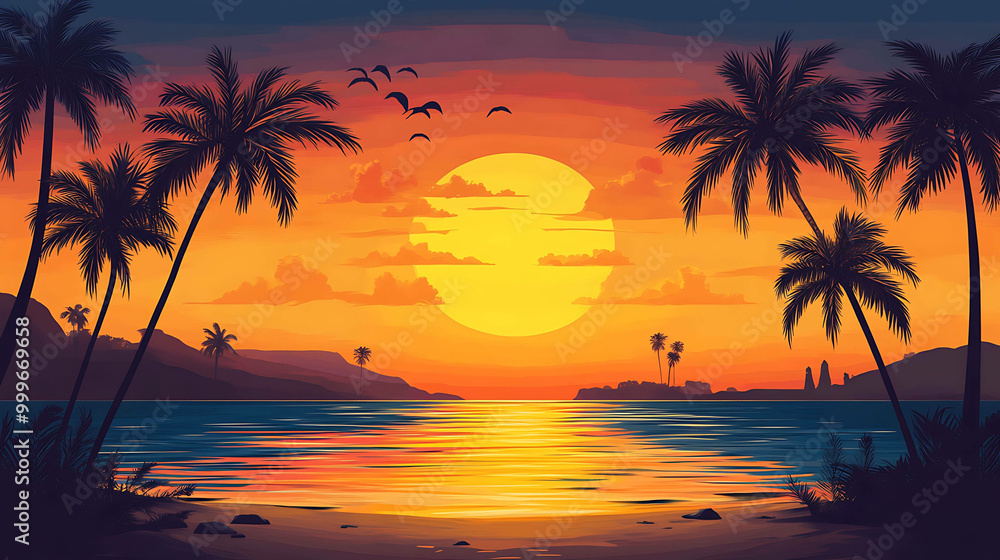 A colorful sunset over a tropical beach with palm trees. A colorful sunset over a tropical beach with palm trees.