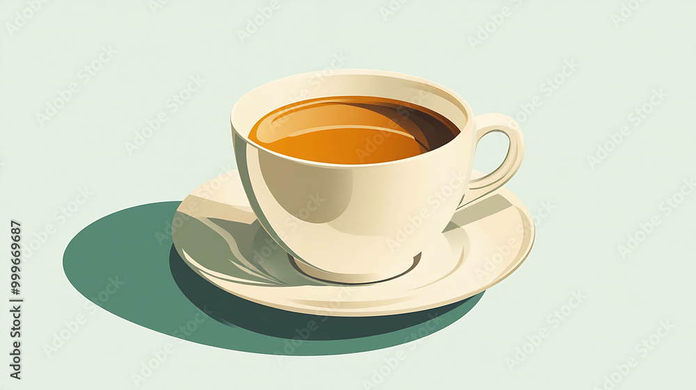 Closeup of a classic cup of coffee or tea on a saucer against a light green background. Closeup of a classic cup of coffee or tea on a saucer against a light green background.