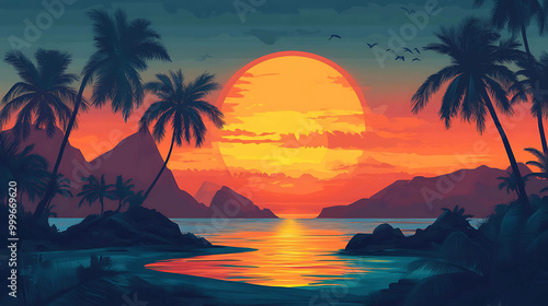 A vibrant sunset over a tropical island, with palm trees, mountains and a calm sea.
