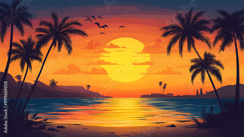 A colorful sunset over a tropical beach with palm trees.
