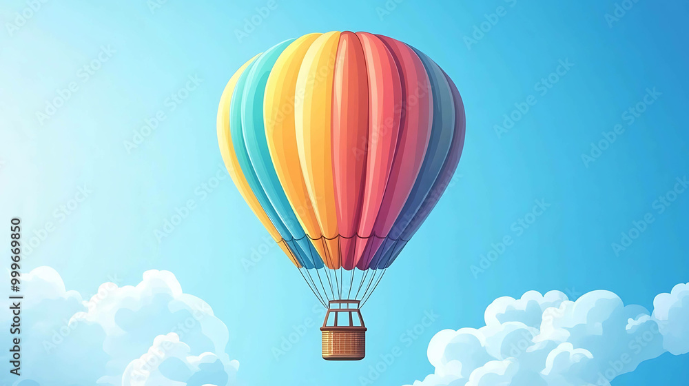 Fototapeta premium A colorful hot air balloon floats against a bright blue sky with fluffy white clouds.
