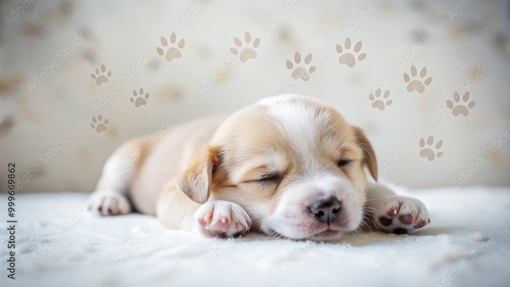 Cute Puppy Sleeping with Paw Prints Background Cute Puppy Sleeping with Paw Prints Background