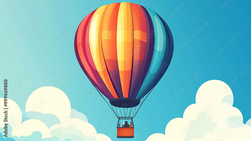 Obraz premium A vibrant, multi-colored hot air balloon floats in a blue sky with fluffy white clouds.