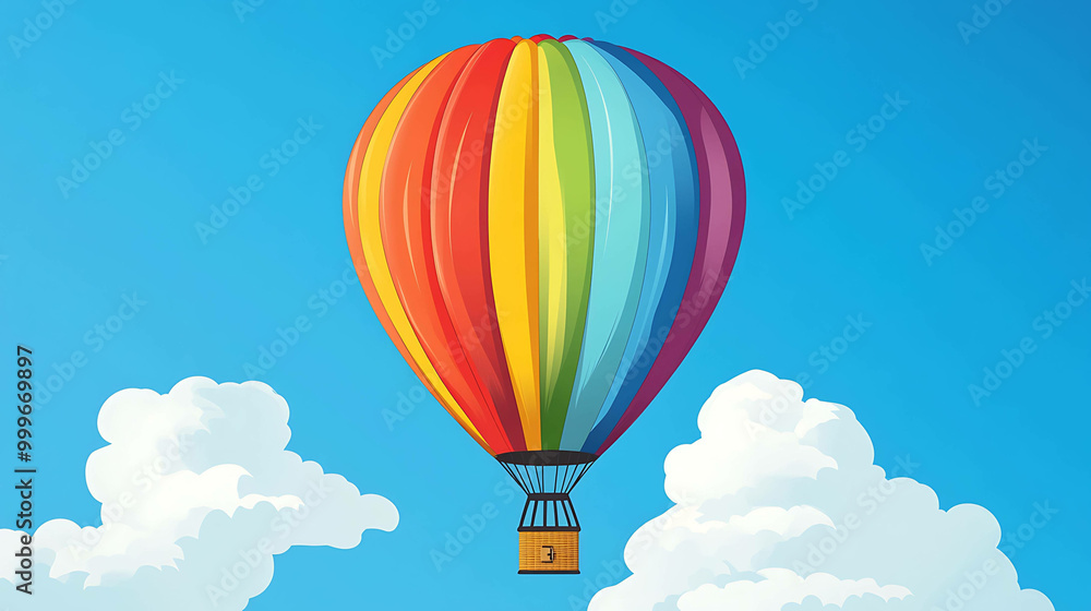 Fototapeta premium A colorful rainbow hot air balloon floats against a bright blue sky with fluffy white clouds.