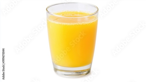 A freshly squeezed glass of orange juice with visible pulp, isolated on a white background.