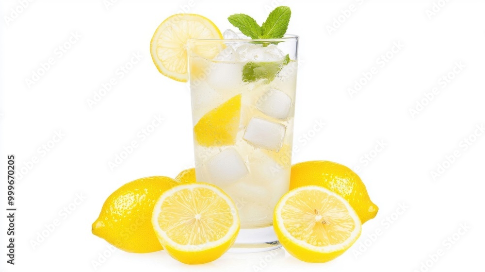 A tall glass of lemonade with ice cubes and lemon slices, isolated on a white background. A tall glass of lemonade with ice cubes and lemon slices, isolated on a white background.