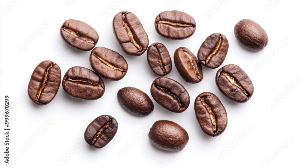 A handful of roasted coffee beans, scattered, isolated on a white background. A handful of roasted coffee beans, scattered, isolated on a white background.