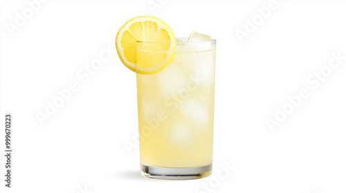 A tall glass of lemonade with ice cubes and lemon slices, isolated on a white background.