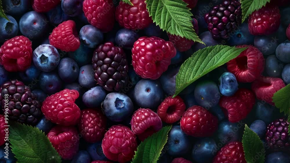 Close up of fresh berry fruit background with leaves, top view. Photorealistic high resolution macro photography for advertising or food design Close up of fresh berry fruit background with leaves, top view. Photorealistic high resolution macro photography for advertising or food design