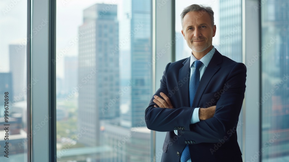 Confident senior manager in a modern office wearing a navy blue suit and blue tie Confident senior manager in a modern office wearing a navy blue suit and blue tie