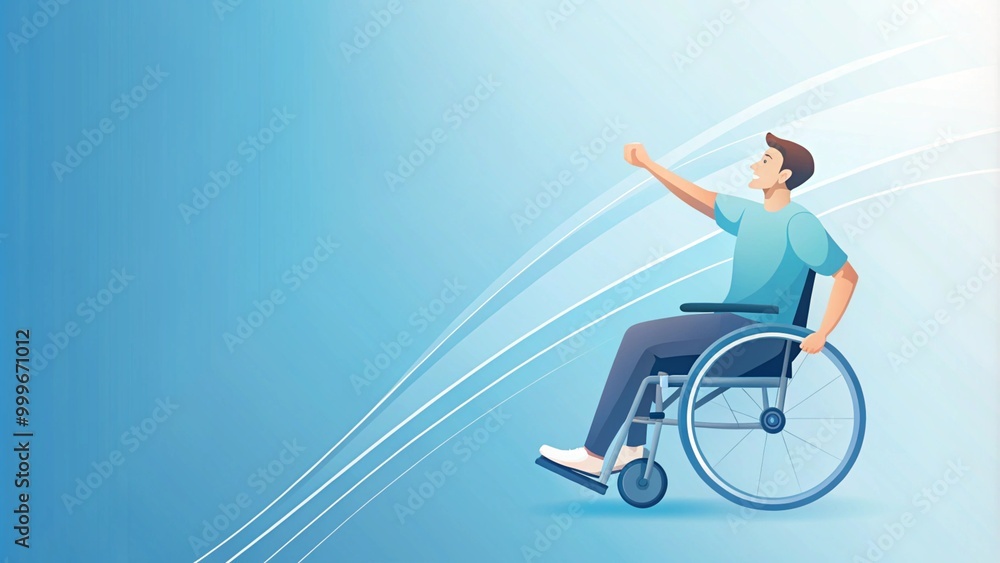 Happy Man in Wheelchair with Blue Background Happy Man in Wheelchair with Blue Background