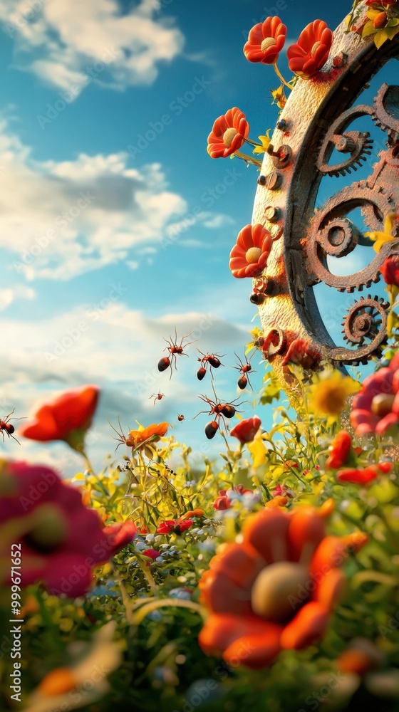 Fototapeta premium A meadow brimming with colorful flowers and mechanical elements under a vibrant sky